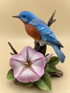 VINTAGE ANDREA BY SADEK, BLUE BIRD ON LOG WITH LOTUS FLOWER, #8102-1997 - Picture 1 of 10