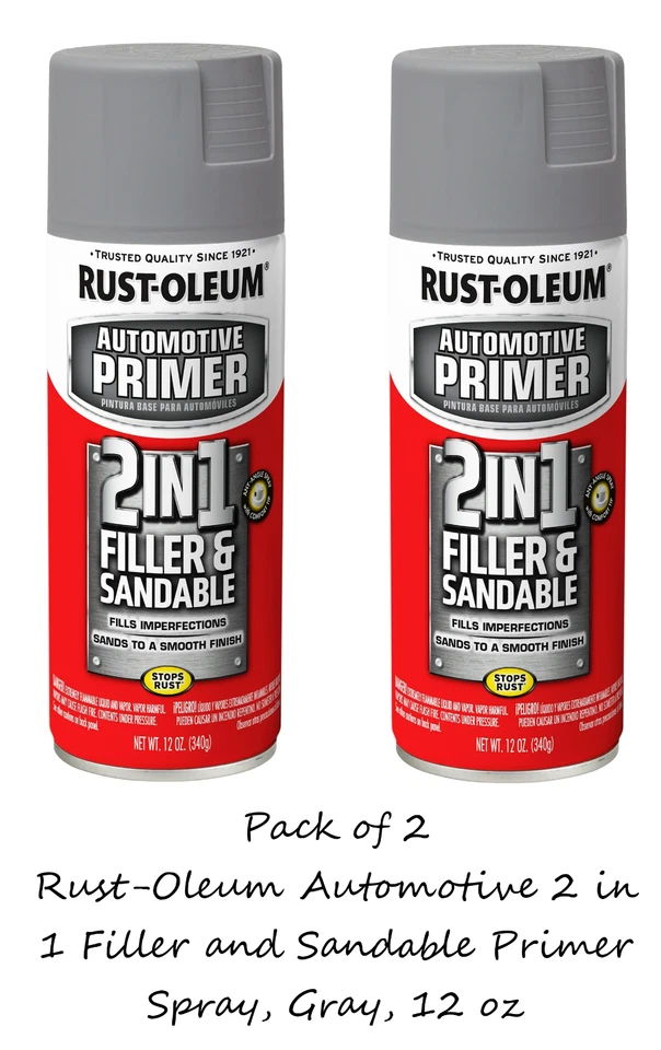 Rust-Oleum Automotive 2 in 1 Filler and Sandable Primer Spray Gray 12 oz(2 Pack)