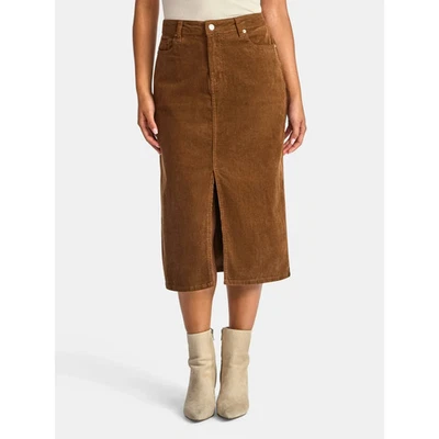 NEW Time And Tru Women 12 Corduroy Midi Skirt Front Slit Warm Coffee Brown 28x29 - Image 1 of 4