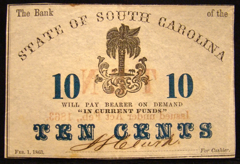 NICE 1863 DATED STATE OF SOUTH CAROLINA $.10 CENTS BANKNOTE-CONFEDERATE CURRENCY - Image 1 of 2