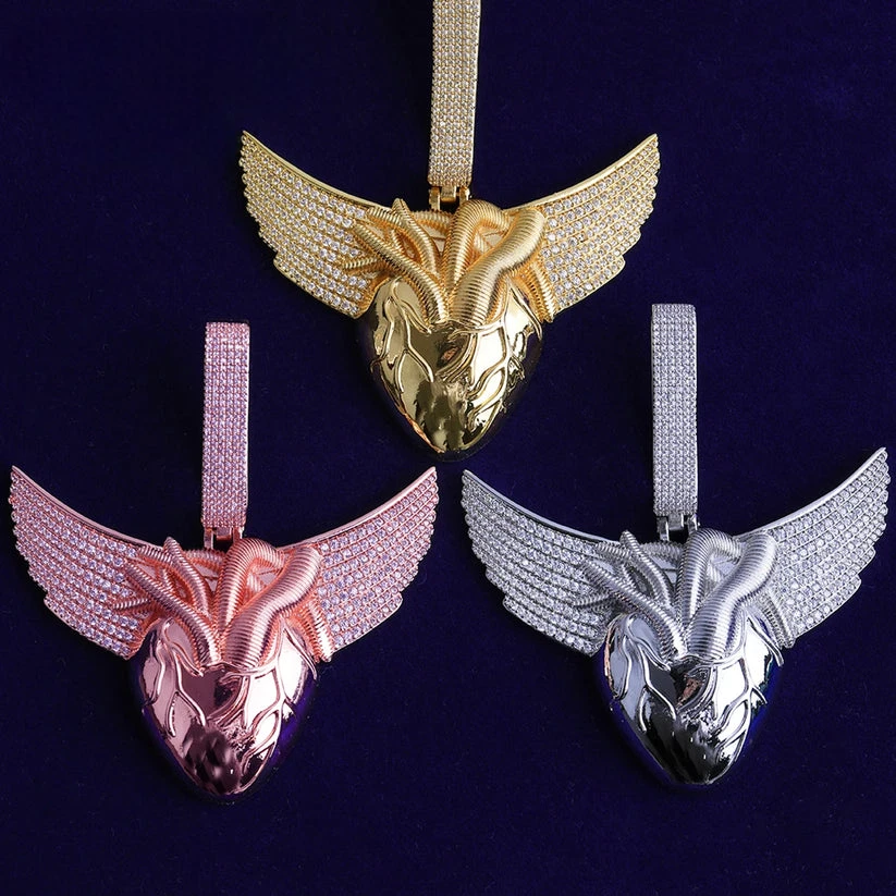 Colar Pingente 5AAA+ CZ Ice Out Hop Hip Bling HEART WING Banhado a Ouro 14k Real - Imagem 1 de 4