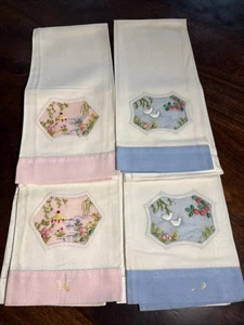 Vintage Hand Embroidery Asian Flowers Ducks Pagoda Floral Guest Tea Towels LOT 4 - Picture 1 of 4
