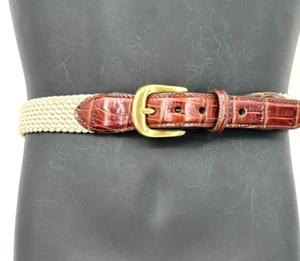 Brighton Men's Ivory Braided Woven Cotton Croc Embossed Leather Belt Size 36 - Picture 1 of 13