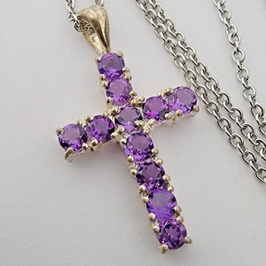 Chuck Clemency Amethyst Cross Pendant STS 925 Silver 20" S. Steel Chain Necklace - Picture 1 of 8