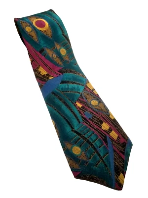 Corbata en punta Cezani Silk Italia abstracta verde azulado fucsia dorada y negra hecha en EE. UU. Foto 1 de 4