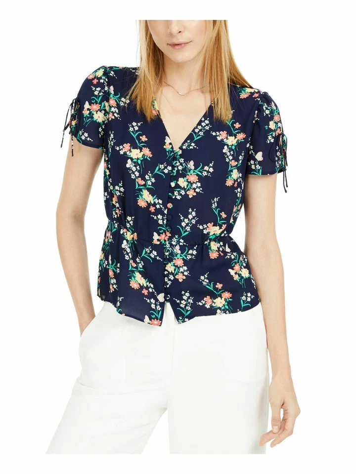 Maison Jules Womens Navy Floral Short Sleeve V Neck Button up Top Size Large