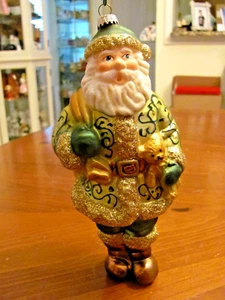 FESTIVE 8" GOLD GREEN GLITTERY SANTA  W/TEDDY BLOWN GLASS CHRISTMAS ORNAMENT EXC - Picture 1 of 10