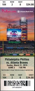 Bryce Harper March 31, 2019 2nd Home Run Philadelphia Phillies Full Ticket 79449 - Picture 1 of 2