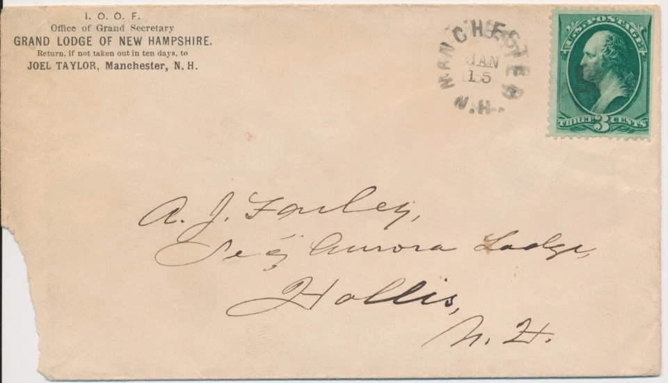 Grand Lodge I.O.O.F. Odd Fellows Manchester New Hampshire rimless machine cancel - Image 1 of 1