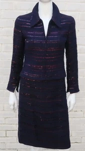 Chanel Midnight Blue With Red Sequins Skirt Suit Zip Up Jacket CC Logo Size 34 - Picture 1 of 12