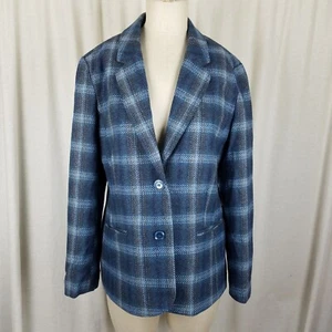 Chadwick's Blue Plaid Wool Blazer Jacket Womens size 14P 90s Boyfriend Corpcore - Picture 1 of 7