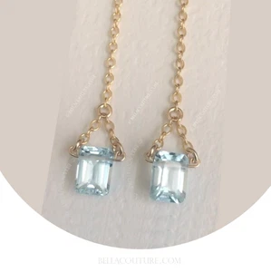 $540GORGEOUS 14K YELLOW GOLD NATURAL AQUAMARINE EMERALD VTG DANGLE DROP EARRINGS - Picture 1 of 24
