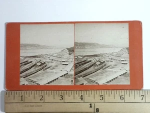 Antike Stereoview Karte von Quebec Hafen und Zugdepot um 1870 - Bild 1 von 2