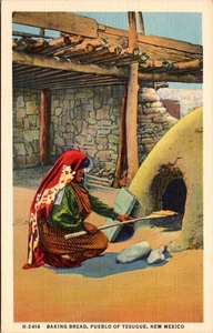 Baking Bread Pueblo Of Tesuque New Mexico Linen Postcard - Picture 1 of 4