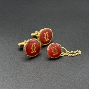 Cartier Mastline Gold & Red Cufflinks & Tie Clip Set Used - Picture 1 of 9