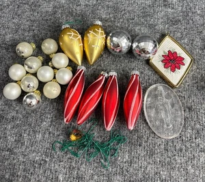 Vintage Christmas Ornament Lot With Poinsettia Embroidery & Nutcracker Glass - Picture 1 of 7