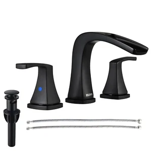 Widespread Bathroom Sink Faucet 3 Holes Black Waterfall Basin Mixer Tap W/Drain - Picture 1 of 11