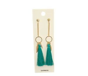 Express Women's Gold Plated Long Green Tassel Leaf Charm Earrings NWT - Picture 1 of 3