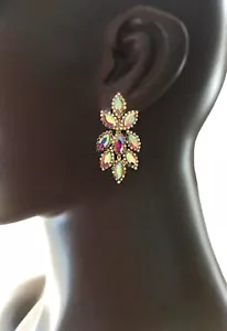 2.25” Long Aurora Borealis Crystals Clip On Earrings, Pageant Costume Jewelry - Picture 1 of 2