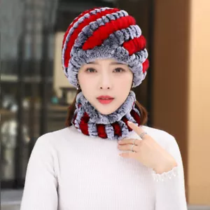 Mujeres Real Rex Conejo Piel Sombrero Juegos de Bufanda Invierno Cálido Gorro Gorra Necuelo Suave - Imagen 1 de 16