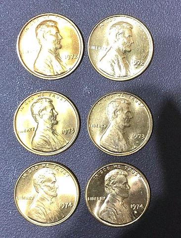 1972 PD, 1973 PD, 1974 PD, 6 LINCOLN GEM RED CENTS UNCIRCULATED Cover