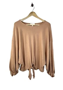 NWT Tie Front Ribbed Long Sleeved Top Oversized Relaxed Fit Brown Tan SMALL - Picture 1 of 9