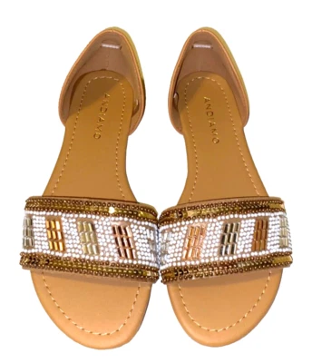 Sandalia sin cordones Andiamo Acharter para mujer beige punta abierta talla plana 5,5 dorada Foto 1 de 4