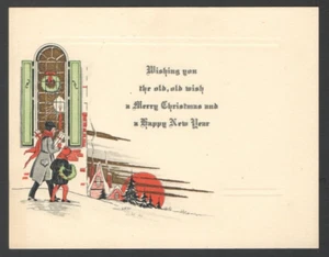 Vintage 1920-30s Christmas Happy New Year Card Going Visiting w/Presents &Wreath - Picture 1 of 3