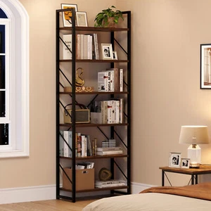 6 Tier Bookcase Industrial Rustic Vintage Open Storage Metal & Wood Bookshelf - Picture 1 of 8