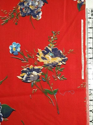 Red Blue Floral Cranston Schwartz Liebman Fabric Cotton Flower Colorful 22"x41" - Image 1 of 4
