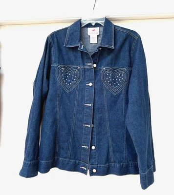 Quacker Factory Womens Jacket M Denim Button  beaded heart - Image 1 of 4