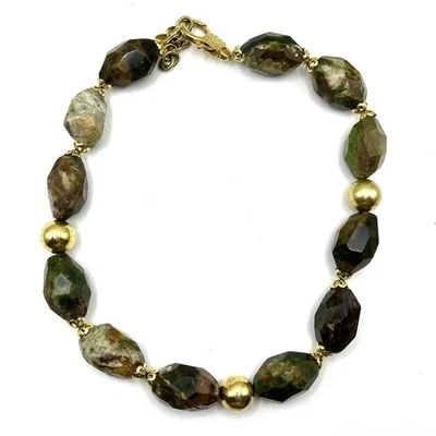 Natural Green And Brown Stone Necklace With Gold Tone Bead Brutalist Boho Chunky - Image 1 of 2