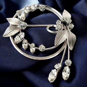 Krementz Silver Tone Rhinestone Brooch Leaf Circle Spray 1950s Mid Century Pin - Bild 1 von 8