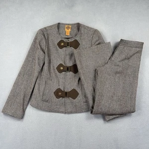 Tory Burch Tweed Hosenanzug Damen 6 taupe Blazer weites Bein passendes Set Knebel - Bild 1 von 24