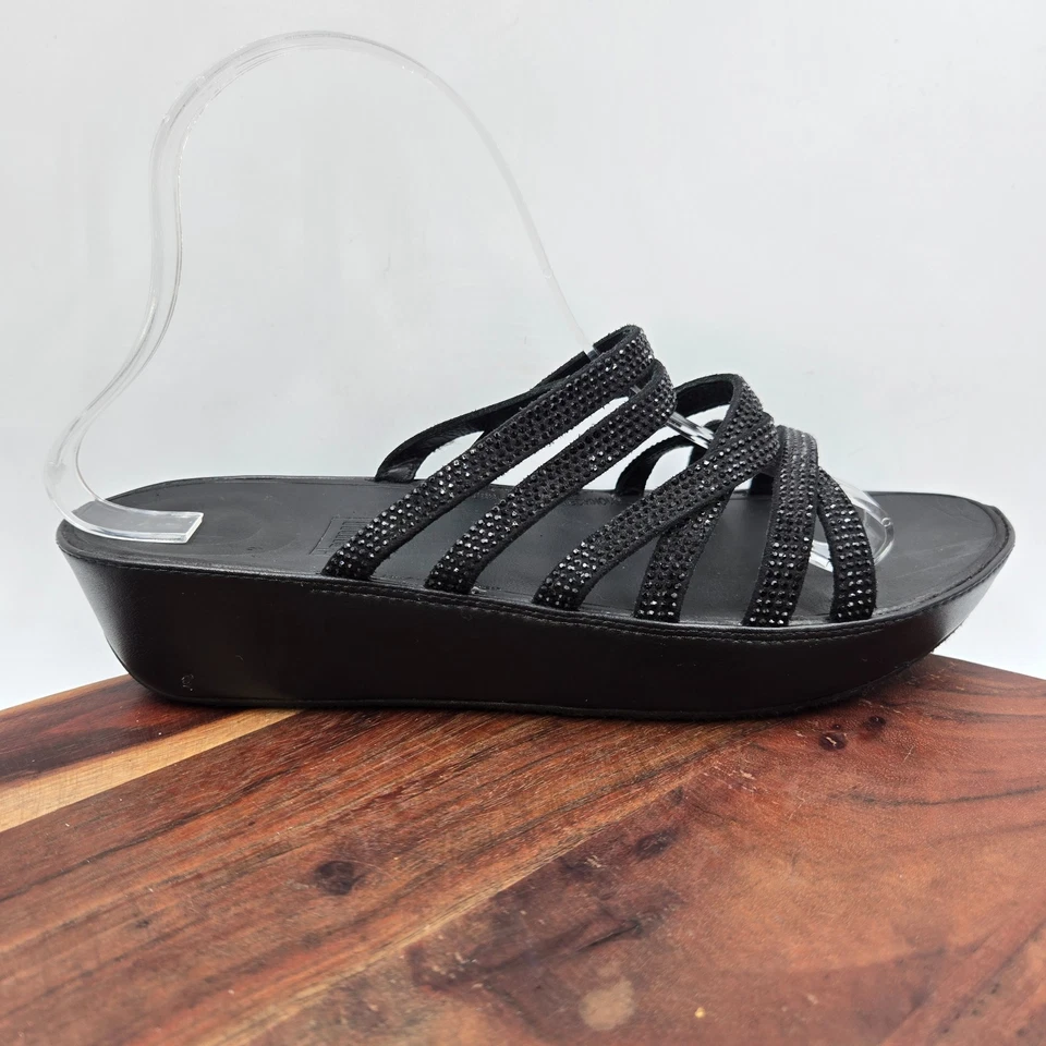 Sandalias FitFlop Linny Mujer 9 Cuero Negro Cristal Tirantes Slide Plataforma Cuña Foto 1 de 4
