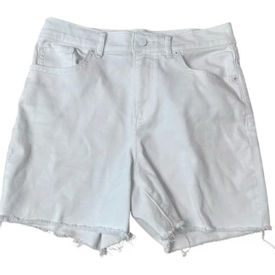 EXPRESS White Denim Cut Off Shorts Midi High Rise Sz 2 Cotton Blend Stretch Cute - Image 1 of 4