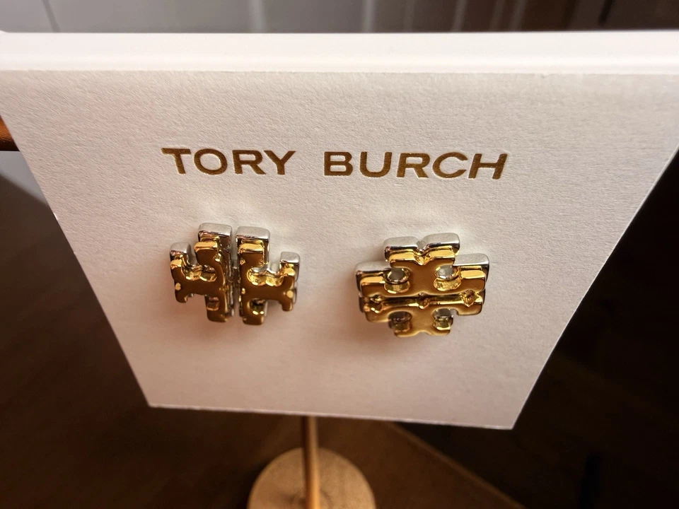 Tory Burch银色-金色双T耳钉耳环 — 第 1/3 张图片