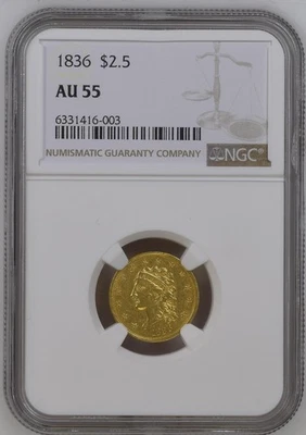 Cabeza clásica de cuarto de águila de oro 1836 P, sin lema en el reverso NGC AU-55 Foto 1 de 2