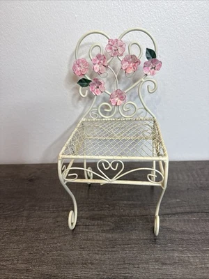 10" Metal Miniature Chair Shabby Chic Fairy Garden Dollhouse Pink Flowers - Image 1 of 4