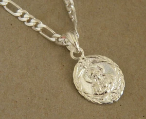 Lady's 20in Figaro Chain & Double Face Charm Set Silver Plated Sacred Heart New - Picture 1 of 4
