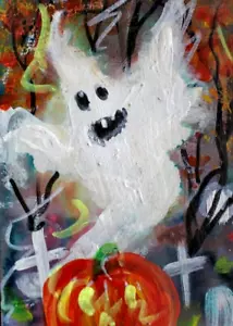 ORIGINAL ACEO Halloween FANTASMA Iluminado CALABAZA Noche Jack O' Linterna Otoño Otoño ARTE - Imagen 1 de 1