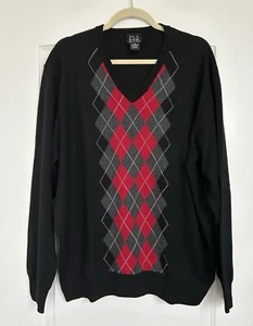 Jos A Bank Merino Wool Argyle Sweater Mens Size XL Black V Neck Lightweight - Picture 1 of 9