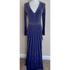 Xscape Full Length Blue Sheath Dress With Silver Beading Women's Size 6 - Picture 1 of 10