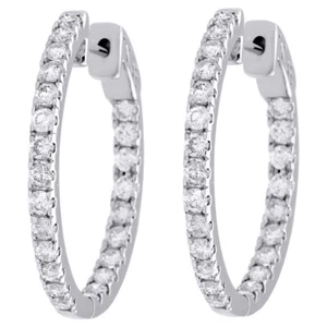 10K White Gold Diamond In & Out Hoops Round Hinged Earrings 1.05" Long 2 CT. - Picture 1 of 5