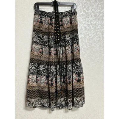 Pierre Cardin Black Brown Floral Print Lined Maxi Skirt & Tie Belt Boho Sz S - Image 1 of 4