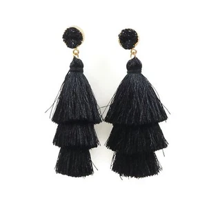 Black Faux Druzy Staggered Thread Tassel Dangle Drop Fashion Post Earrings - Picture 1 of 12