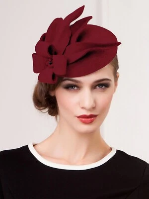 Borgoña Boda Lana Fieltro Fascinador Sombreros Mujeres Elegante Cóctel Pastillero Sombrero Foto 1 de 4