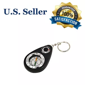Black Lightweight Mini Outdoor Camping Survival Thermometer Compass Key Chain - Picture 1 of 4