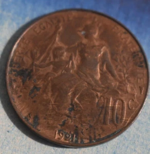 1921 France 10c Antique Copper Scarce High Grade Key Date Coin - Picture 1 of 2