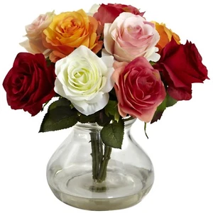 Roses Bouquet Flowers Floral With Glass Vase 11" Arrangement Nearly Natural - Picture 1 of 11